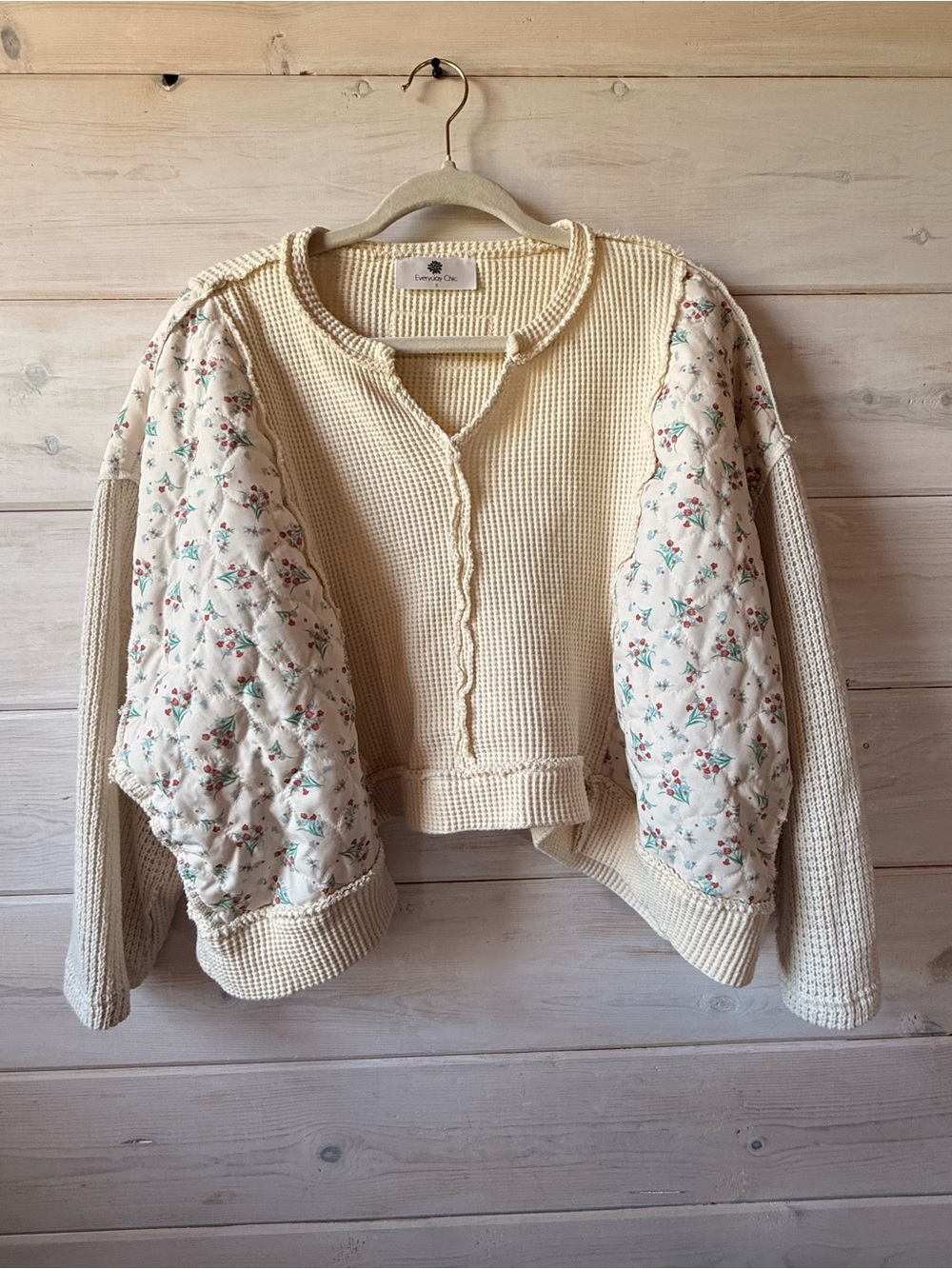 Everyday chic boutique Cream Quilted-Sleeve Waffle Knit Sweater